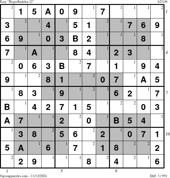 The grouppuzzles.com Easy HyperSudoku-12 puzzle for Tuesday November 12, 2024, suitable for printing, with all 3 steps marked