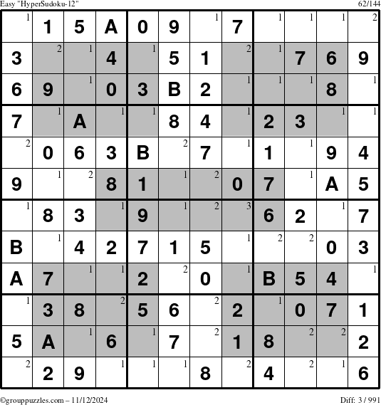 The grouppuzzles.com Easy HyperSudoku-12 puzzle for Tuesday November 12, 2024 with the first 3 steps marked