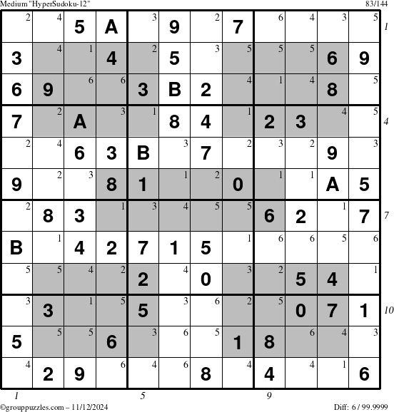 The grouppuzzles.com Medium HyperSudoku-12 puzzle for Tuesday November 12, 2024 with all 6 steps marked