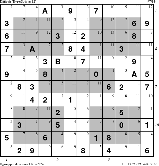 The grouppuzzles.com Difficult HyperSudoku-12 puzzle for Tuesday November 12, 2024, suitable for printing, with all 13 steps marked