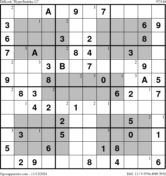 The grouppuzzles.com Difficult HyperSudoku-12 puzzle for Tuesday November 12, 2024 with the first 3 steps marked