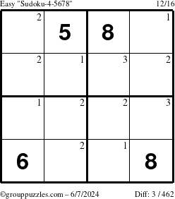 The grouppuzzles.com Easy Sudoku-4-5678 puzzle for Friday June 7, 2024 with the first 3 steps marked