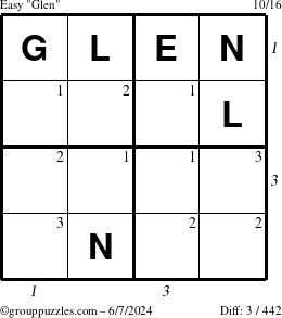 The grouppuzzles.com Easy Glen puzzle for Friday June 7, 2024 with all 3 steps marked