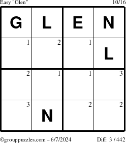 The grouppuzzles.com Easy Glen puzzle for Friday June 7, 2024 with the first 3 steps marked