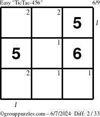 The grouppuzzles.com Easy TicTac-456 puzzle for Friday June 7, 2024 with all 2 steps marked