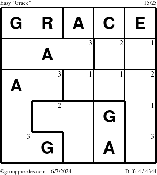 The grouppuzzles.com Easy Grace puzzle for Friday June 7, 2024 with the first 3 steps marked