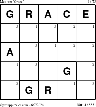 The grouppuzzles.com Medium Grace puzzle for Friday June 7, 2024 with the first 3 steps marked