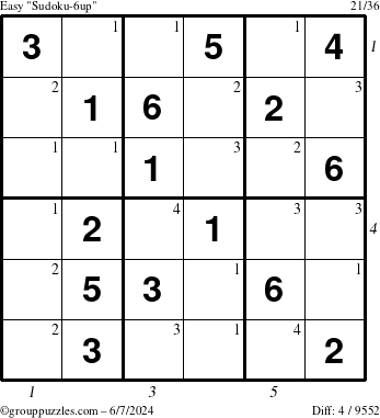 The grouppuzzles.com Easy Sudoku-6up puzzle for Friday June 7, 2024, suitable for printing, with all 4 steps marked