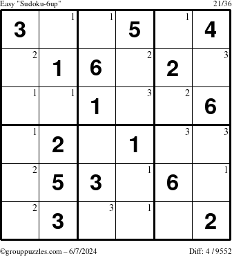 The grouppuzzles.com Easy Sudoku-6up puzzle for Friday June 7, 2024 with the first 3 steps marked