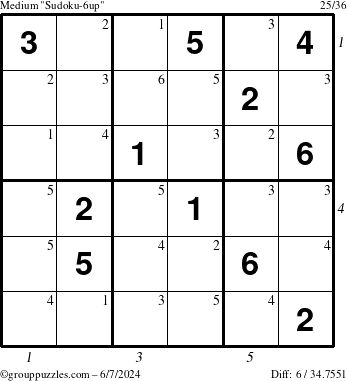 The grouppuzzles.com Medium Sudoku-6up puzzle for Friday June 7, 2024 with all 6 steps marked