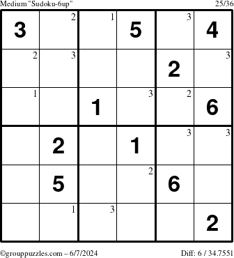 The grouppuzzles.com Medium Sudoku-6up puzzle for Friday June 7, 2024 with the first 3 steps marked