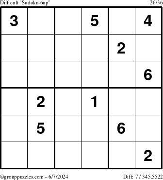 The grouppuzzles.com Difficult Sudoku-6up puzzle for Friday June 7, 2024