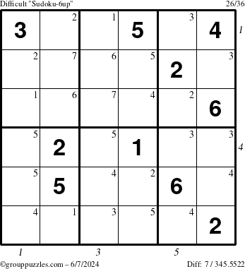 The grouppuzzles.com Difficult Sudoku-6up puzzle for Friday June 7, 2024 with all 7 steps marked