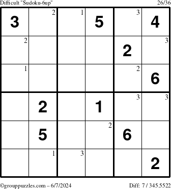 The grouppuzzles.com Difficult Sudoku-6up puzzle for Friday June 7, 2024 with the first 3 steps marked