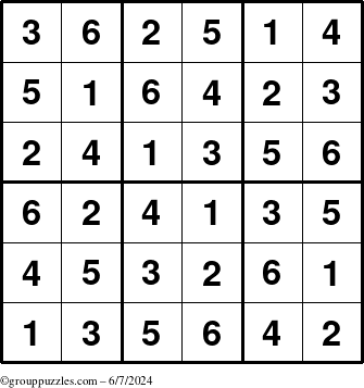 The grouppuzzles.com Answer grid for the Sudoku-6up puzzle for Friday June 7, 2024