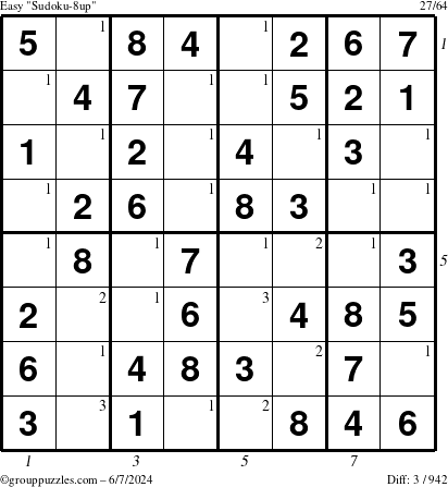 The grouppuzzles.com Easy Sudoku-8up puzzle for Friday June 7, 2024 with all 3 steps marked