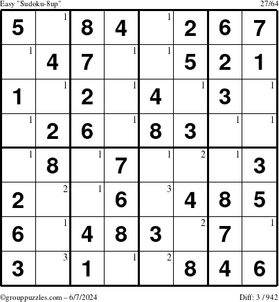 The grouppuzzles.com Easy Sudoku-8up puzzle for Friday June 7, 2024 with the first 3 steps marked