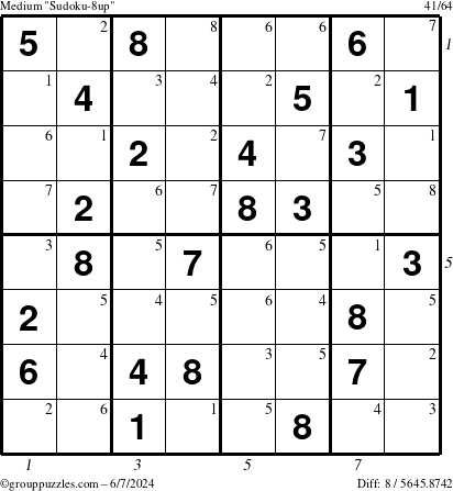 The grouppuzzles.com Medium Sudoku-8up puzzle for Friday June 7, 2024 with all 8 steps marked