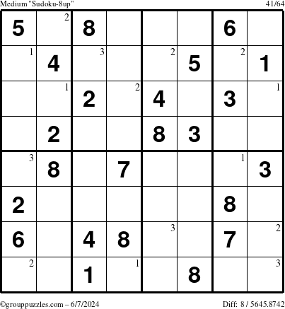 The grouppuzzles.com Medium Sudoku-8up puzzle for Friday June 7, 2024 with the first 3 steps marked