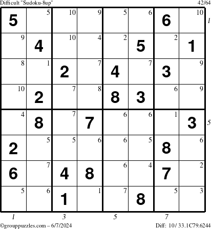 The grouppuzzles.com Difficult Sudoku-8up puzzle for Friday June 7, 2024 with all 10 steps marked