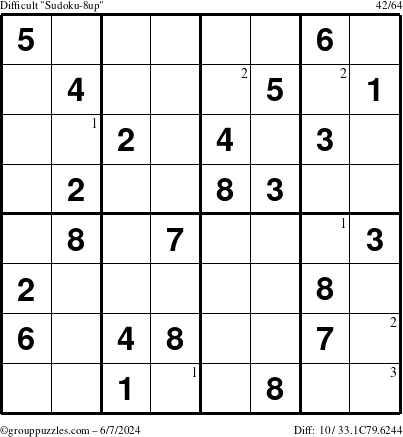 The grouppuzzles.com Difficult Sudoku-8up puzzle for Friday June 7, 2024 with the first 3 steps marked