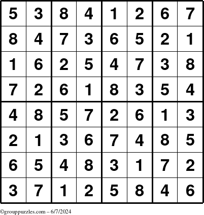 The grouppuzzles.com Answer grid for the Sudoku-8up puzzle for Friday June 7, 2024