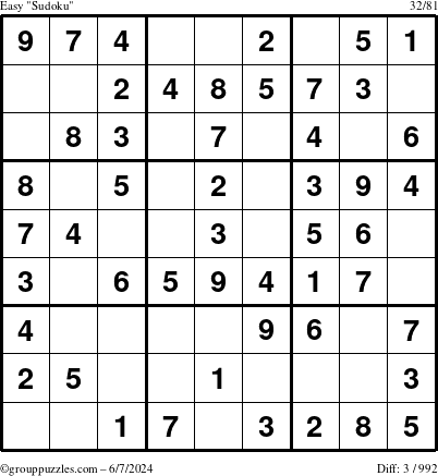 The grouppuzzles.com Easy Sudoku puzzle for Friday June 7, 2024