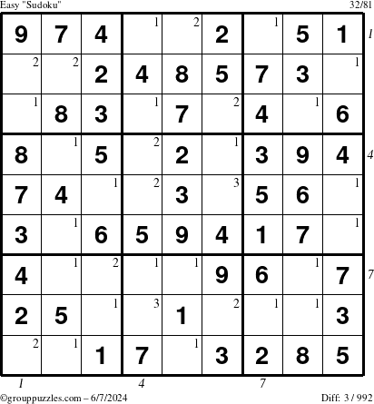 The grouppuzzles.com Easy Sudoku puzzle for Friday June 7, 2024 with all 3 steps marked