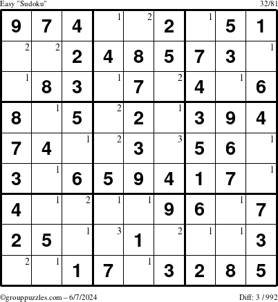 The grouppuzzles.com Easy Sudoku puzzle for Friday June 7, 2024 with the first 3 steps marked