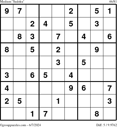 The grouppuzzles.com Medium Sudoku puzzle for Friday June 7, 2024