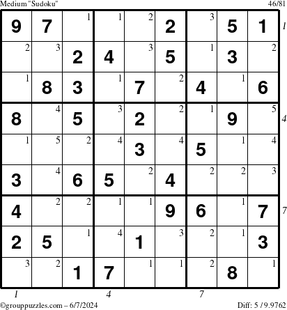 The grouppuzzles.com Medium Sudoku puzzle for Friday June 7, 2024 with all 5 steps marked