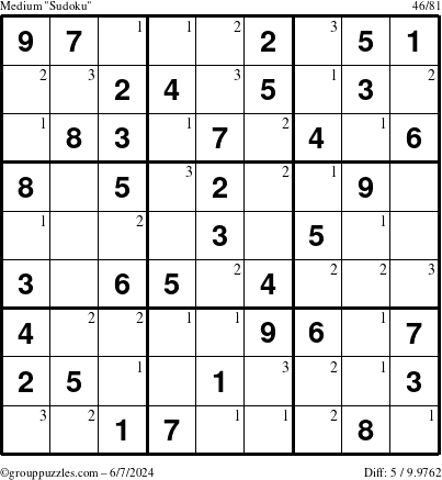 The grouppuzzles.com Medium Sudoku puzzle for Friday June 7, 2024 with the first 3 steps marked