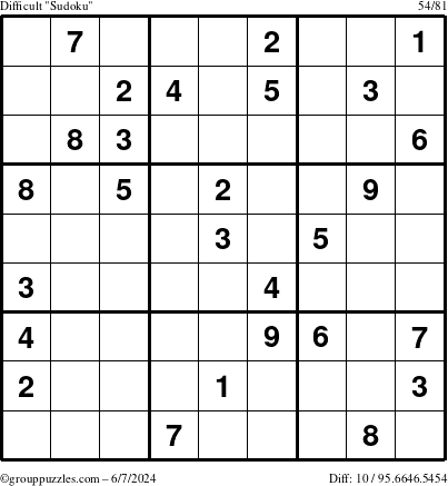 The grouppuzzles.com Difficult Sudoku puzzle for Friday June 7, 2024