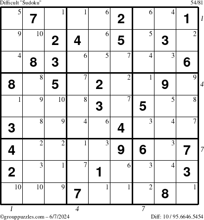 The grouppuzzles.com Difficult Sudoku puzzle for Friday June 7, 2024 with all 10 steps marked