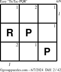 The grouppuzzles.com Easy TicTac-PQR puzzle for Friday June 7, 2024 with all 2 steps marked