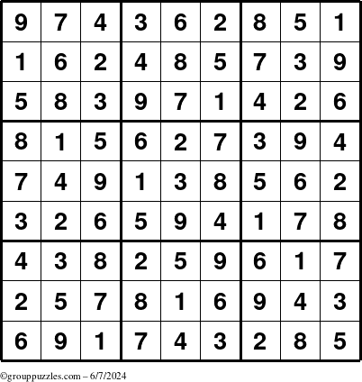 The grouppuzzles.com Answer grid for the Sudoku puzzle for Friday June 7, 2024