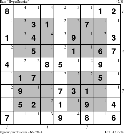 The grouppuzzles.com Easy HyperSudoku puzzle for Friday June 7, 2024 with all 4 steps marked