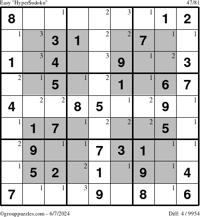 The grouppuzzles.com Easy HyperSudoku puzzle for Friday June 7, 2024 with the first 3 steps marked