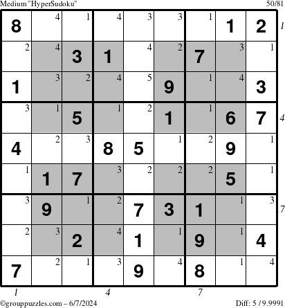 The grouppuzzles.com Medium HyperSudoku puzzle for Friday June 7, 2024 with all 5 steps marked