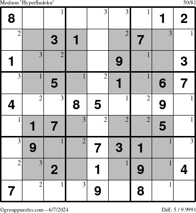 The grouppuzzles.com Medium HyperSudoku puzzle for Friday June 7, 2024 with the first 3 steps marked