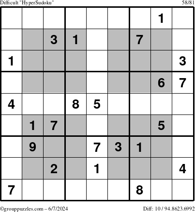 The grouppuzzles.com Difficult HyperSudoku puzzle for Friday June 7, 2024