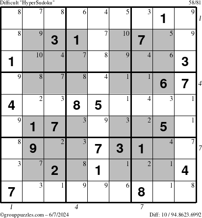 The grouppuzzles.com Difficult HyperSudoku puzzle for Friday June 7, 2024 with all 10 steps marked