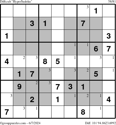 The grouppuzzles.com Difficult HyperSudoku puzzle for Friday June 7, 2024 with the first 3 steps marked