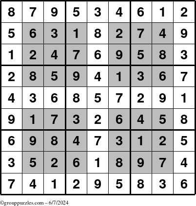 The grouppuzzles.com Answer grid for the HyperSudoku puzzle for Friday June 7, 2024