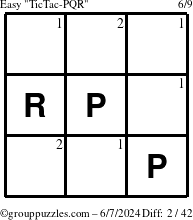 The grouppuzzles.com Easy TicTac-PQR puzzle for Friday June 7, 2024 with the first 2 steps marked