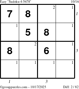 The grouppuzzles.com Easy Sudoku-4-5678 puzzle for Friday October 17, 2025 with all 2 steps marked