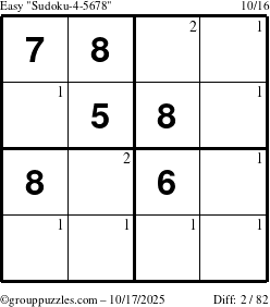The grouppuzzles.com Easy Sudoku-4-5678 puzzle for Friday October 17, 2025 with the first 2 steps marked