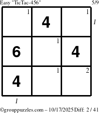 The grouppuzzles.com Easy TicTac-456 puzzle for Friday October 17, 2025 with all 2 steps marked
