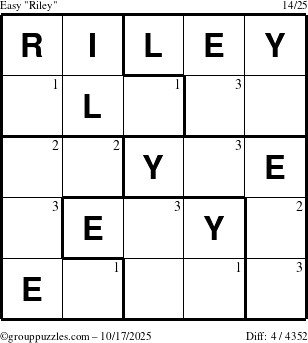 The grouppuzzles.com Easy Riley puzzle for Friday October 17, 2025 with the first 3 steps marked