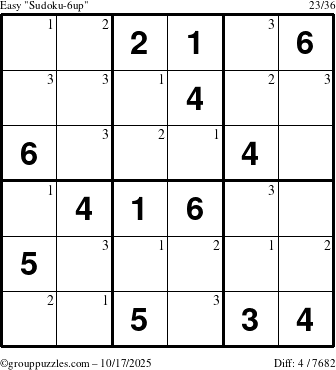 The grouppuzzles.com Easy Sudoku-6up puzzle for Friday October 17, 2025 with the first 3 steps marked